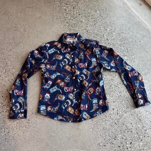 Banjo Dallas Texas Women’s Small Western Print Button Up Shirt Navy Novelty